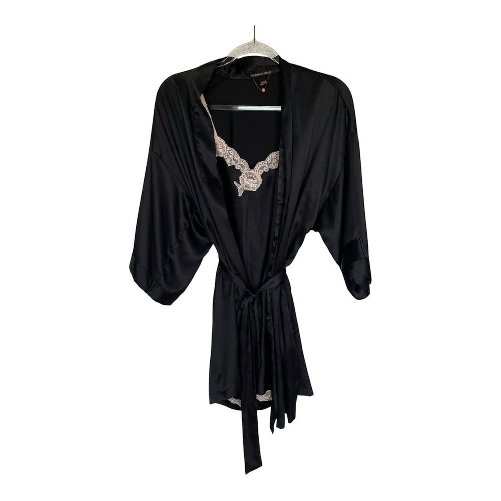 Victoria's Secret Nightie Robe Set XS S Black Pink Lace Slip Satin Cami